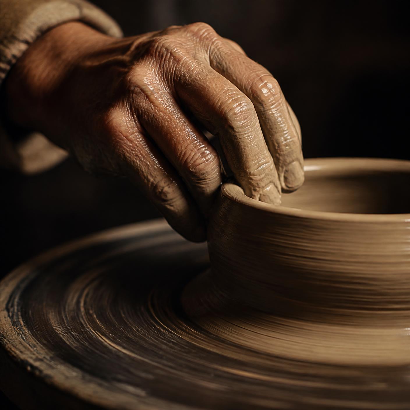 An artisan's hand shaping clay