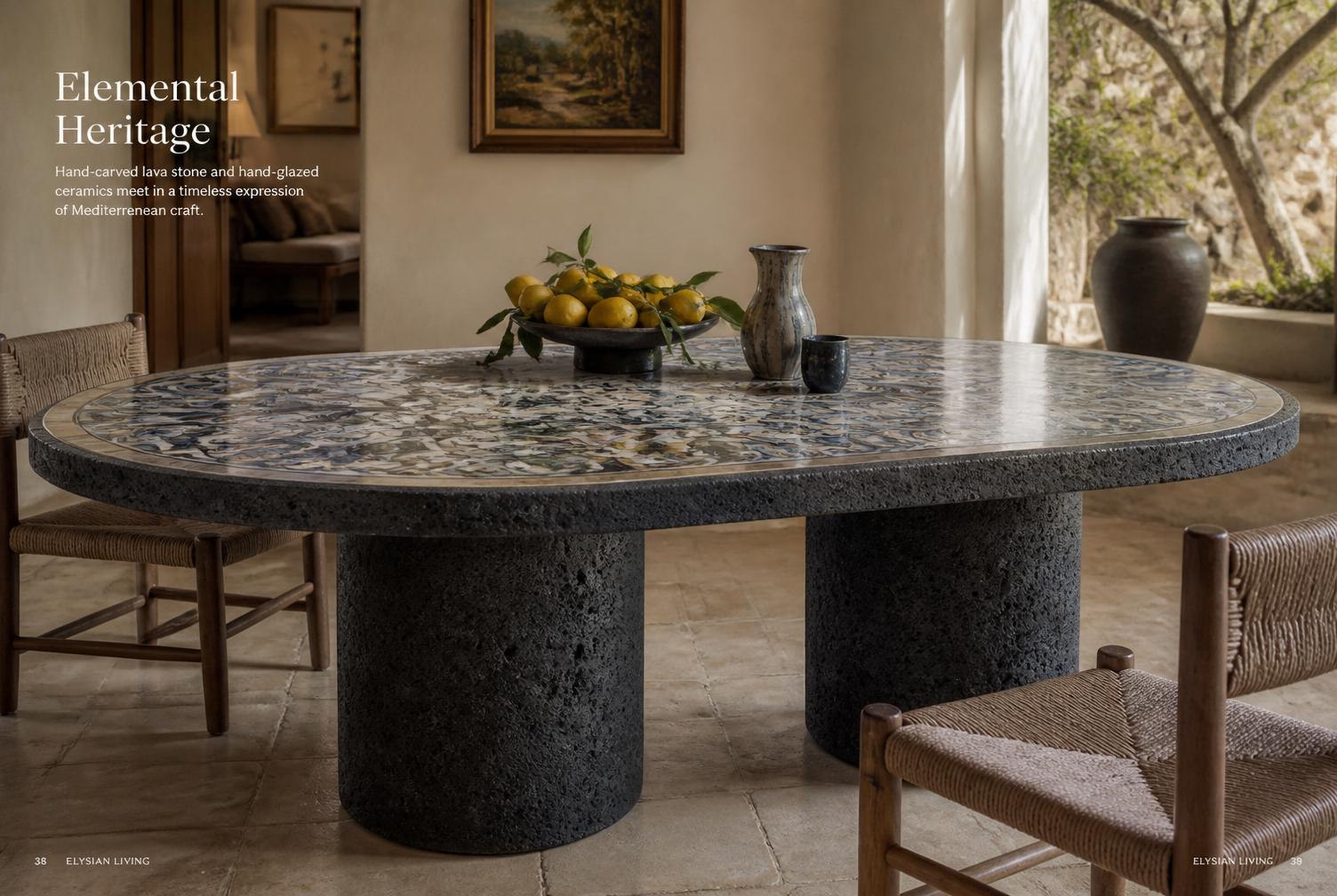 A bespoke lava stone dining table with hand-glazed ceramic inlay in a Mediterranean villa
