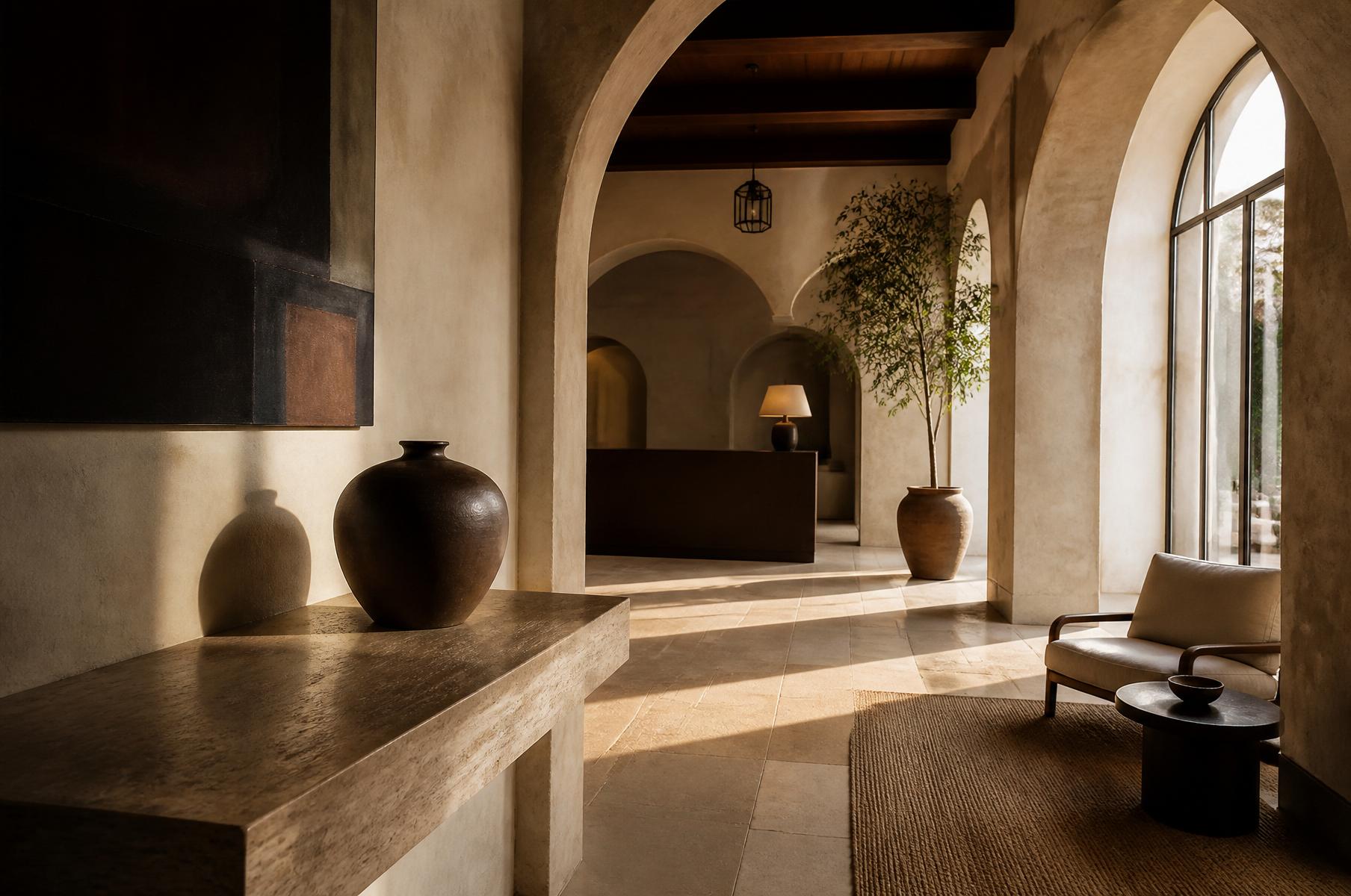 A Mediterranean boutique hotel lobby with limestone arches and warm afternoon light