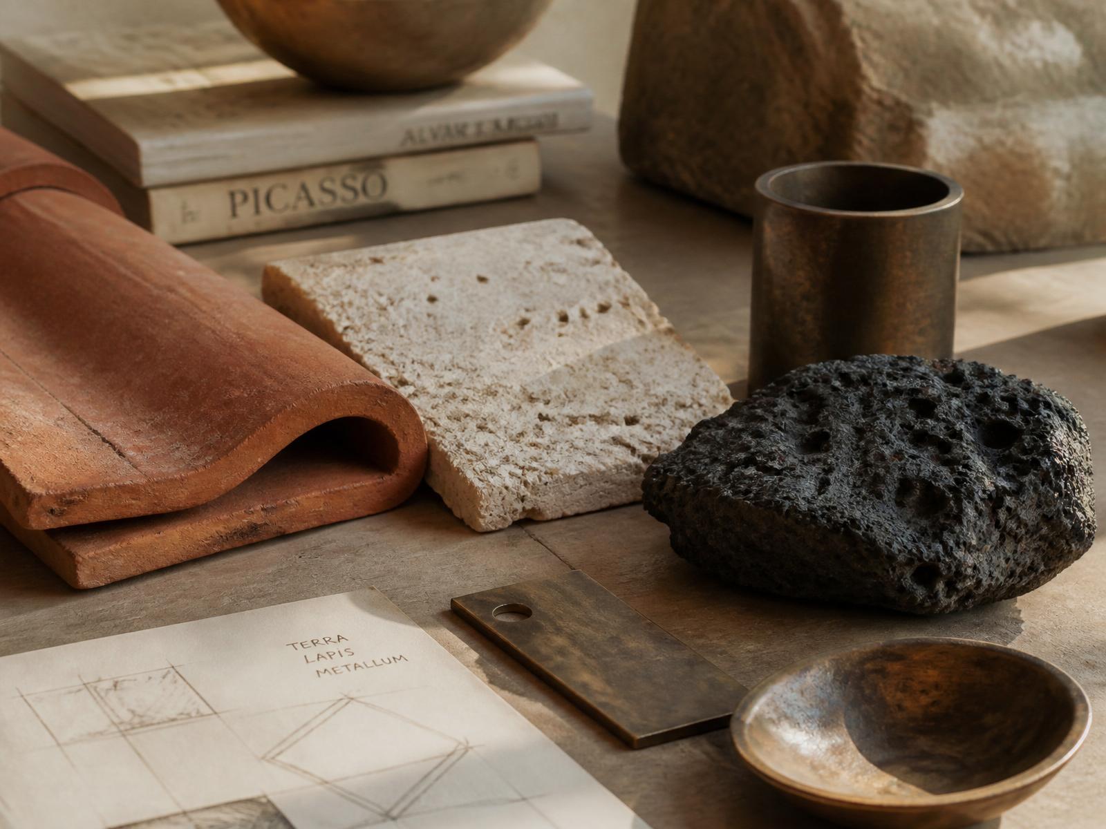Material samples: terracotta, travertine, lava stone and bronze