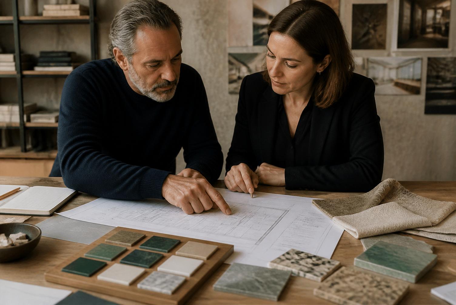 An architect and Italian artisan reviewing hospitality drawings and material samples